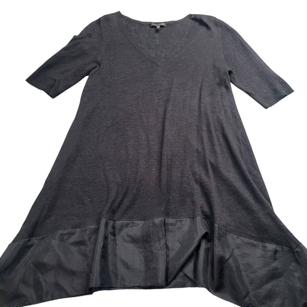Eileen Fisher Linen Silk V-Neck Tunic Top Mixed Media Silk Trim Gray XS